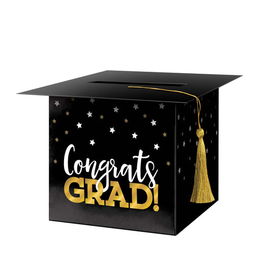 Graduation-themed black card box with 'Congrats Grad!' text and a gold tassel on a white background.