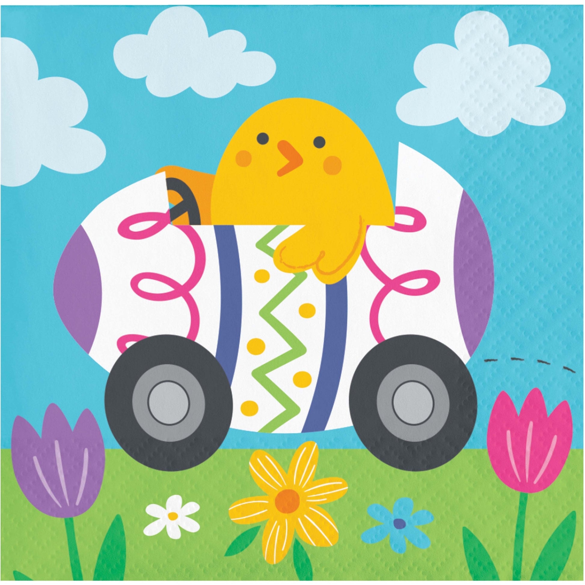 Napkin featuring a cartoon chick in a decorated Easter egg car with flowers and clouds in the background
