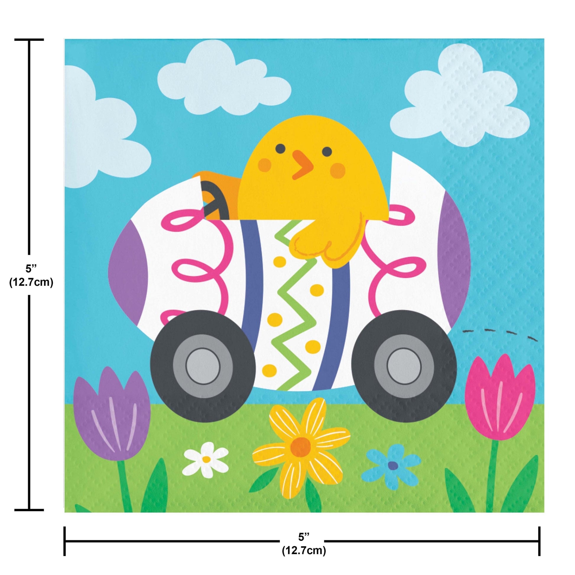 Napkin featuring a cartoon chick in a decorated Easter egg car with flowers and clouds in the background. Dimensions shown.