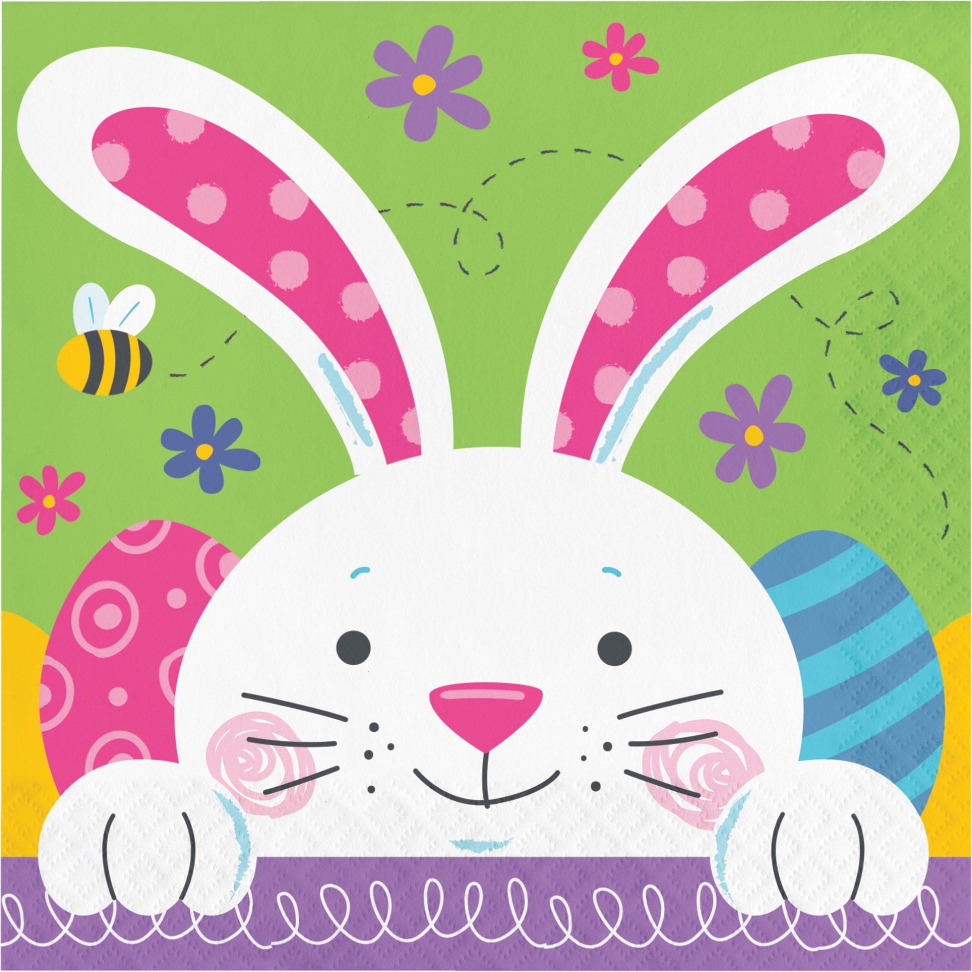 Colorful Easter-themed napkins with a bunny design on a green background.