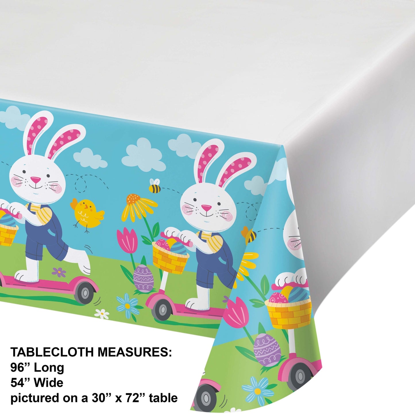 Colorful tablecloth with cartoon bunnies on a white background. Dimensions shown.