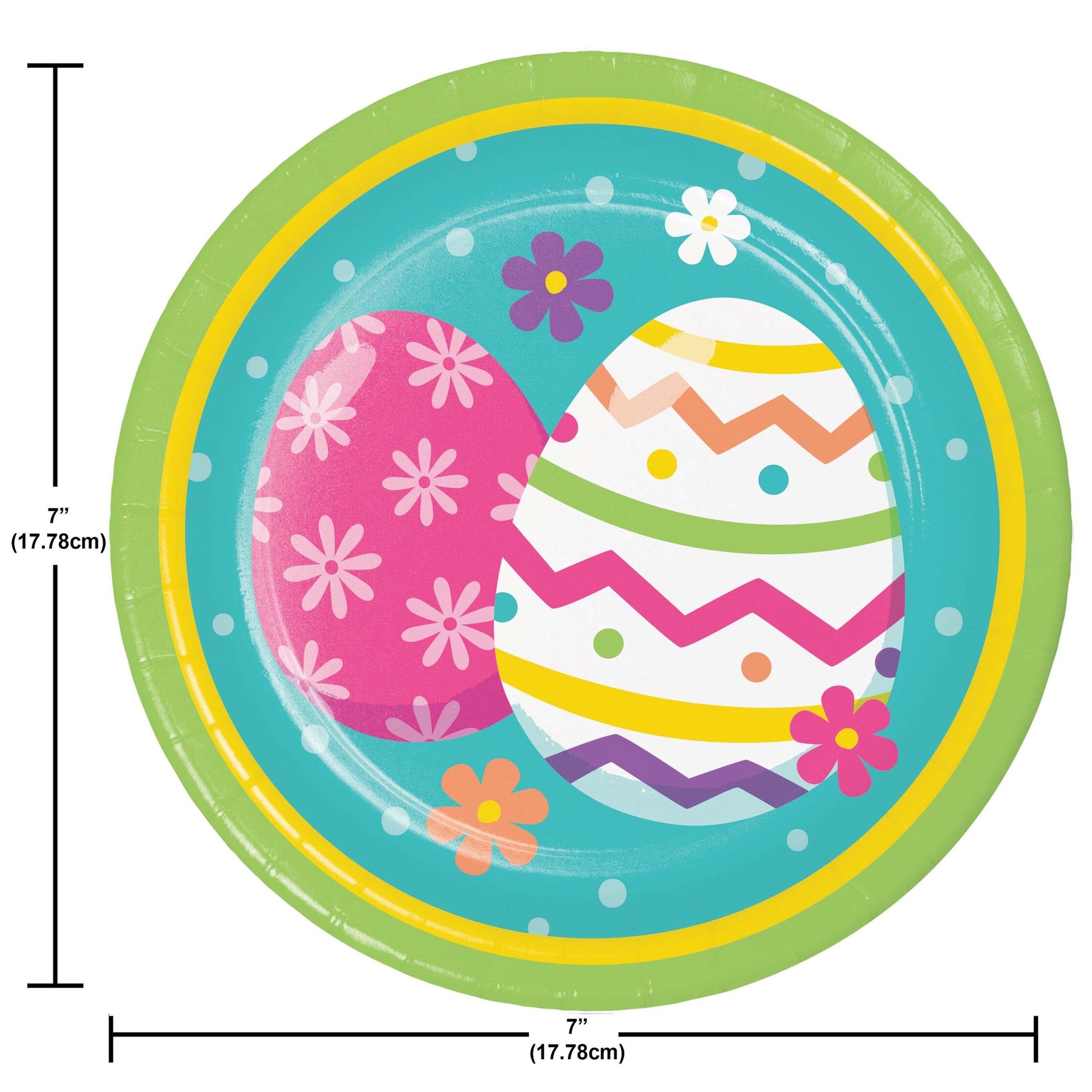 Easter-themed paper plate with colorful eggs and flowers, size 7".