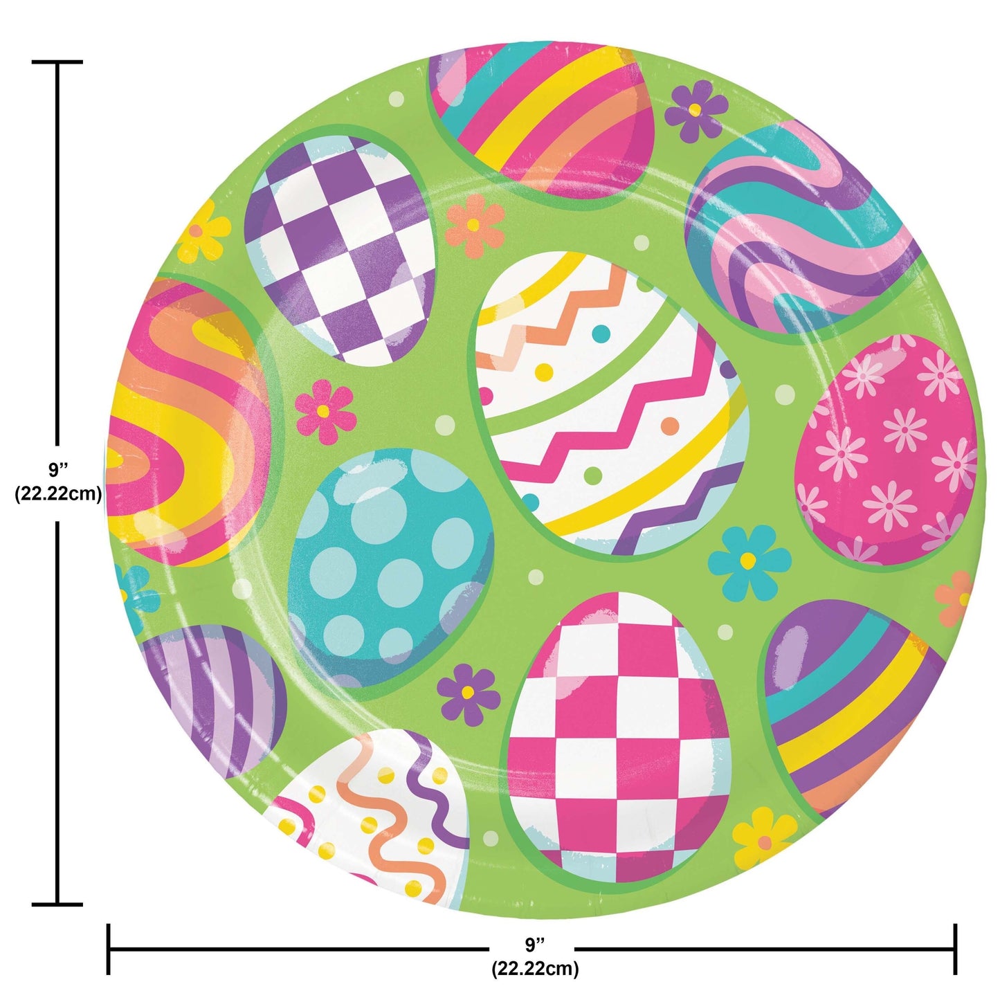 Round paper plate with Easter egg designs on a green background, shown with dimensions.