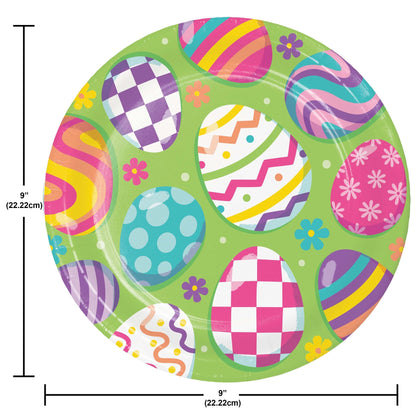 Round paper plate with Easter egg designs on a green background, shown with dimensions.