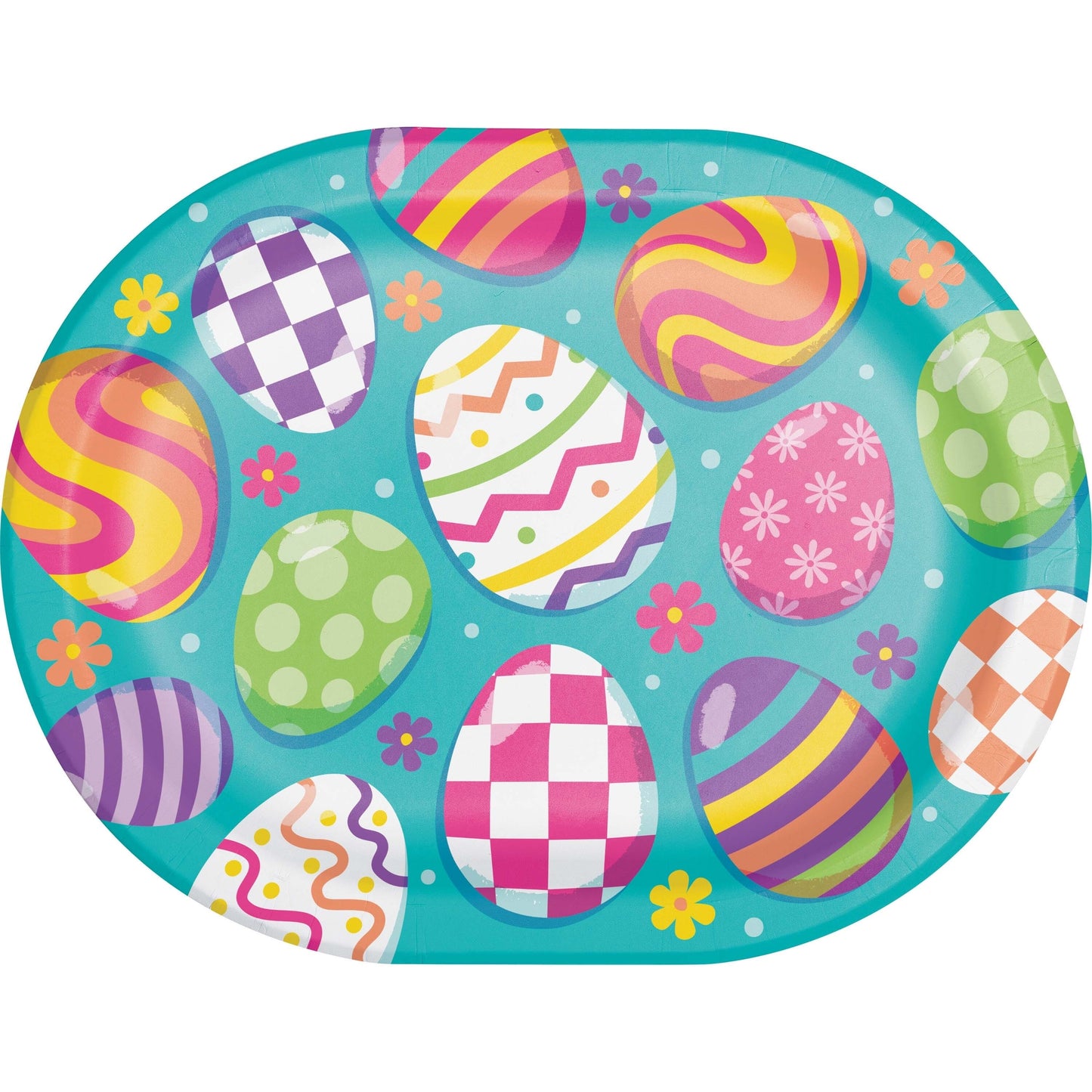 Colorful Easter egg design on a blue plate with flowers.