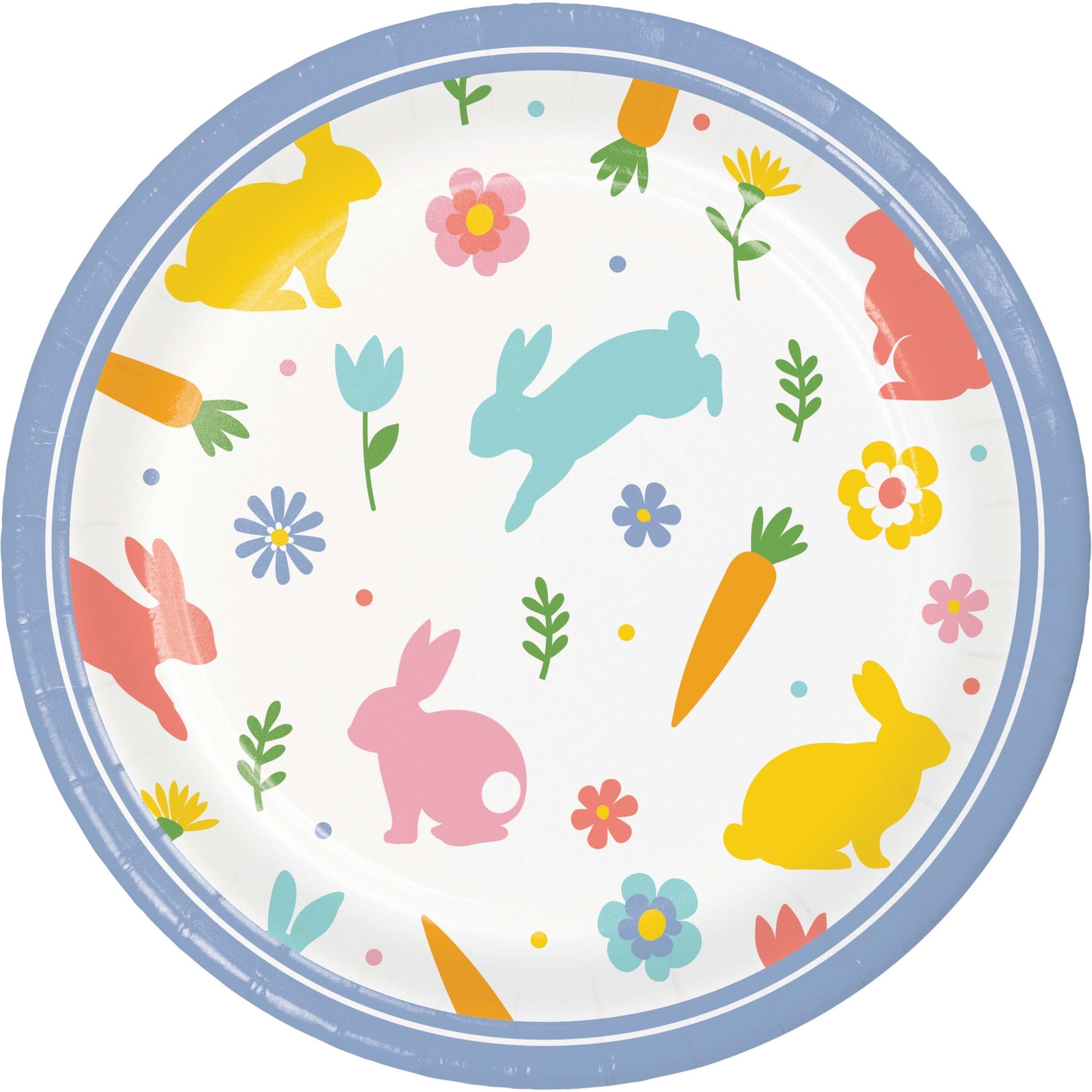 Round paper plate with Easter-themed design featuring bunnies, carrots, and flowers on a white background.