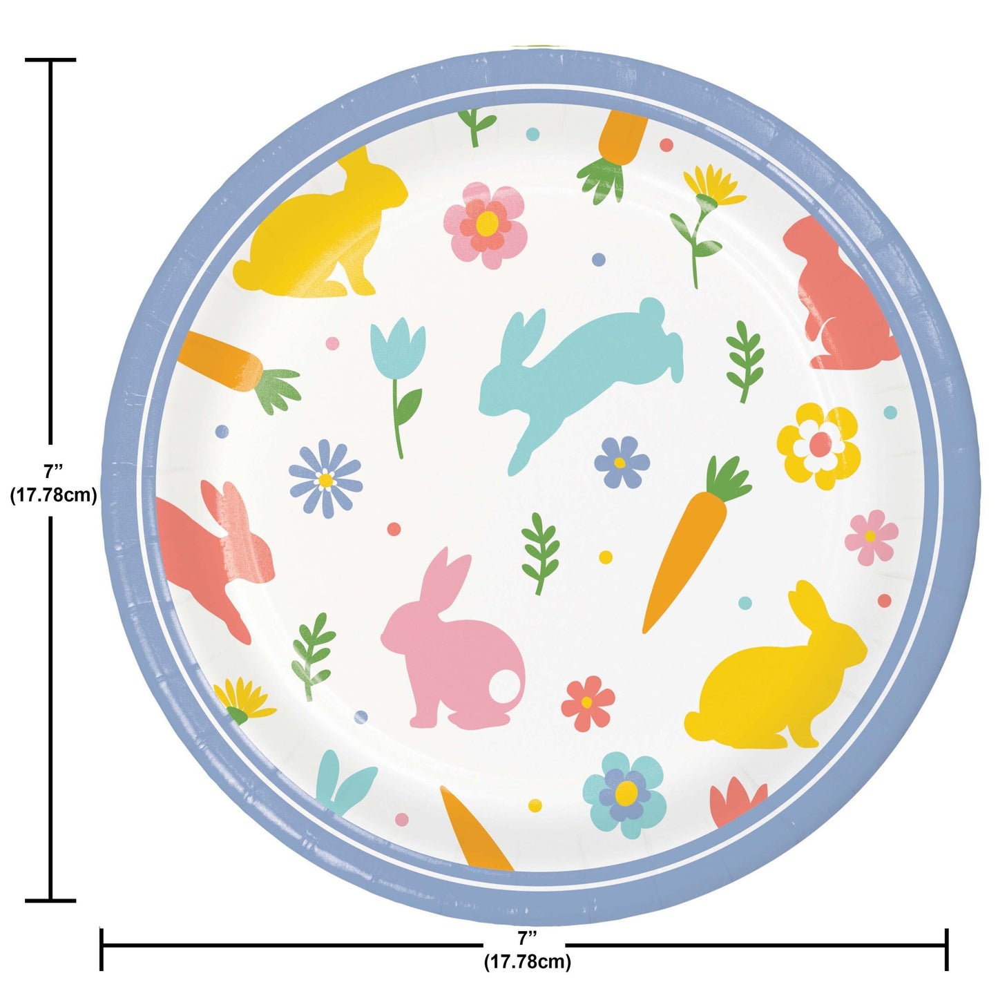 Round plate with Easter-themed design including bunnies, carrots, and flowers, with dimensions indicated.