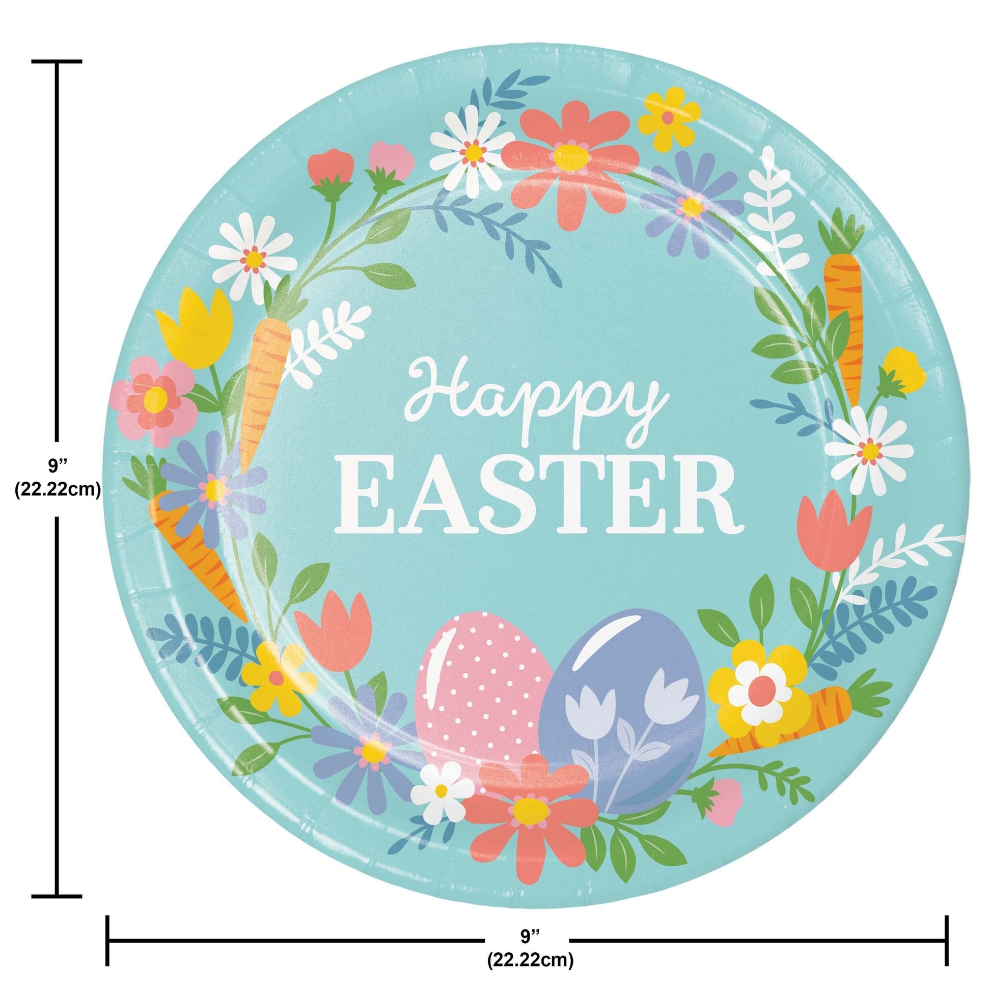 Round Easter-themed plate with flowers, eggs, and carrots on a blue background, with measurements indicated.