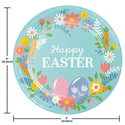Round Easter-themed plate with flowers, eggs, and carrots on a blue background, with measurements indicated.