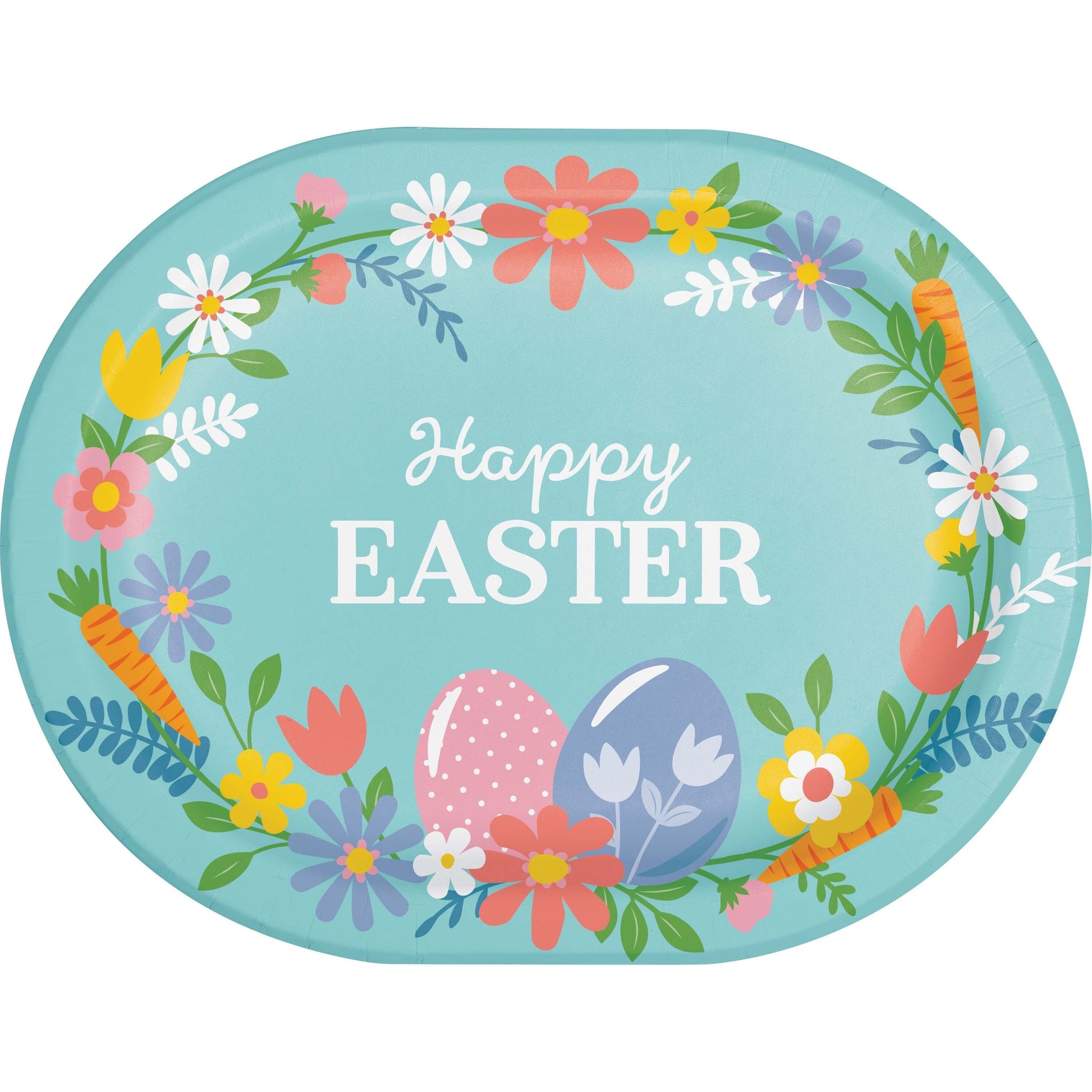 Easter-themed decorative oval plate with flowers, eggs, and 'Happy Easter' text on a blue background.