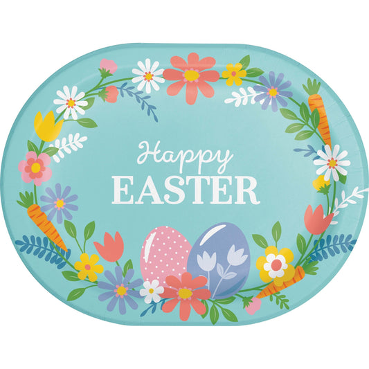 Easter-themed decorative oval plate with flowers, eggs, and 'Happy Easter' text on a blue background.