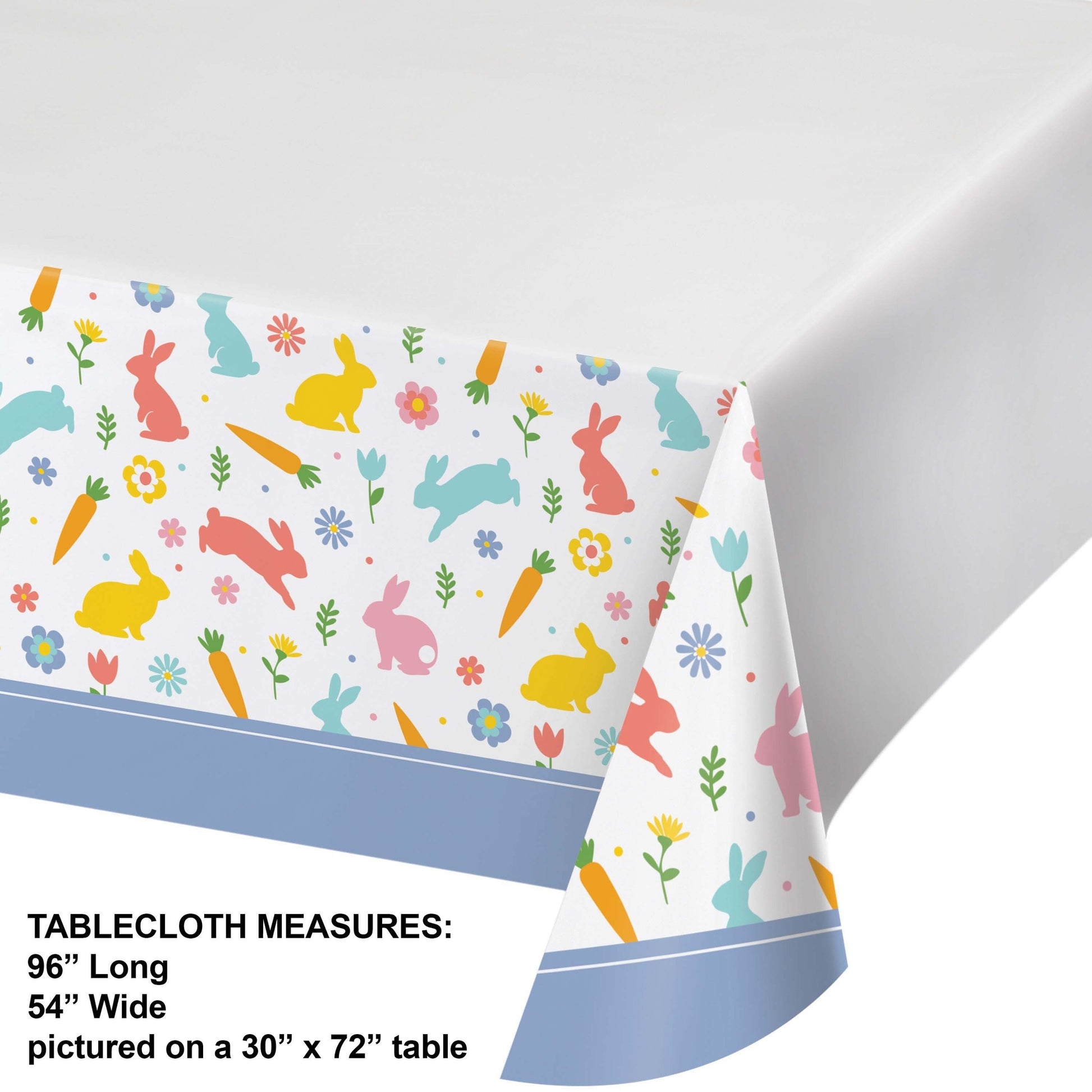 Colorful Easter-themed tablecloth with bunnies, carrots, and flowers on a white background. Dimensions shown.