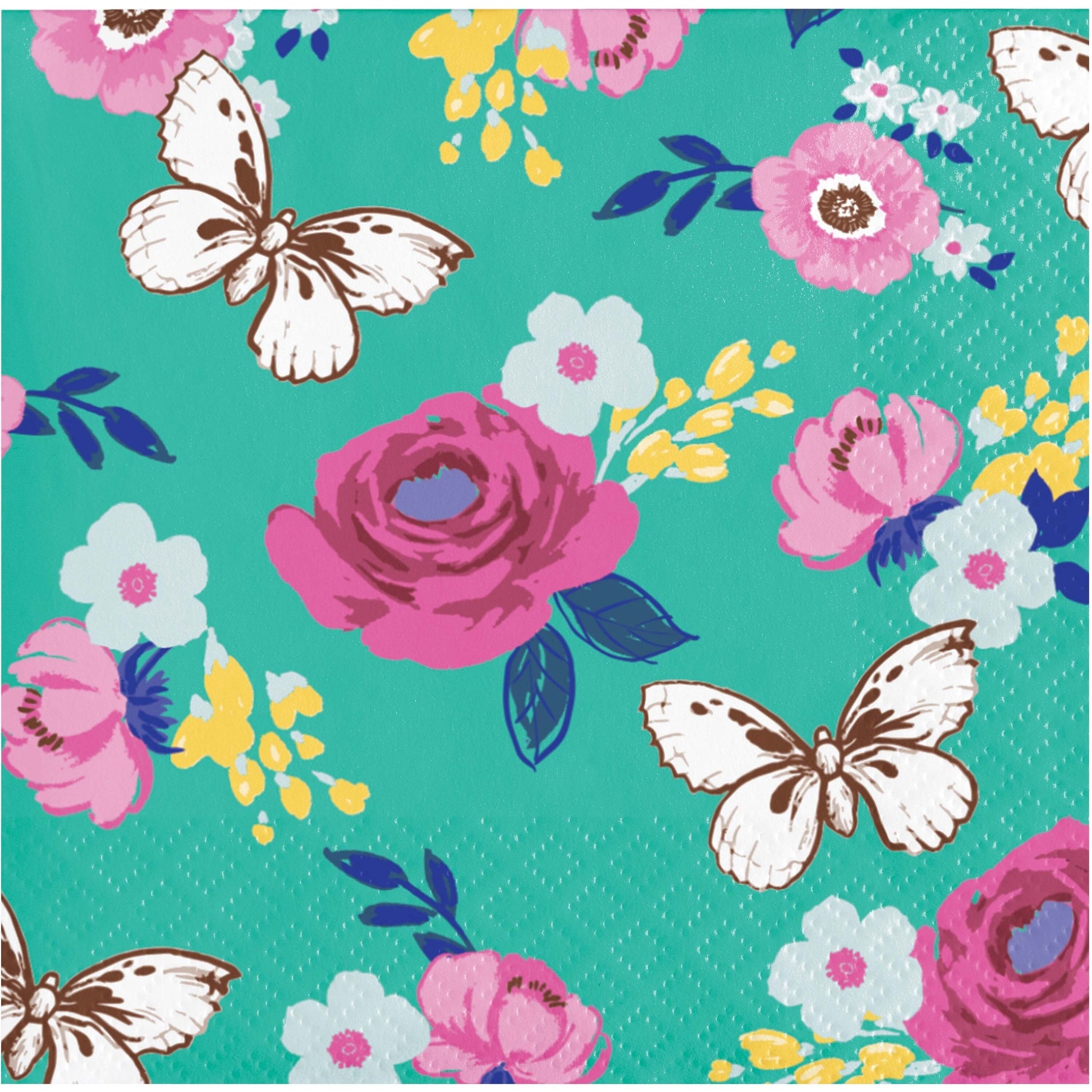 Napkin with floral and butterfly pattern on a teal background