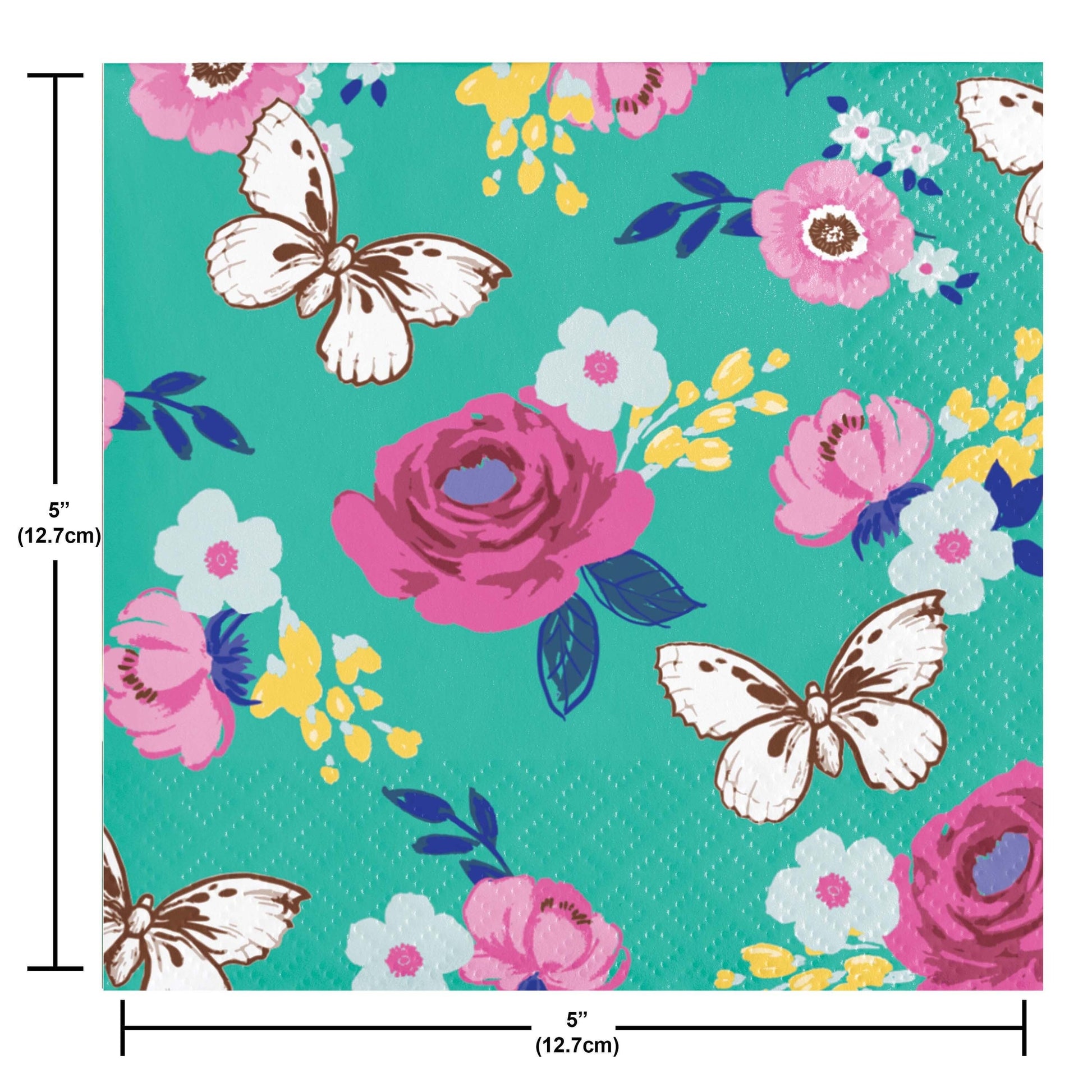 Napkin with floral and butterfly pattern on a teal background. Measurements shown.