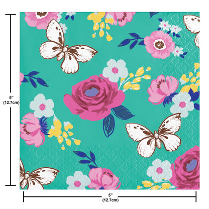 Napkin with floral and butterfly pattern on a teal background. Measurements shown.