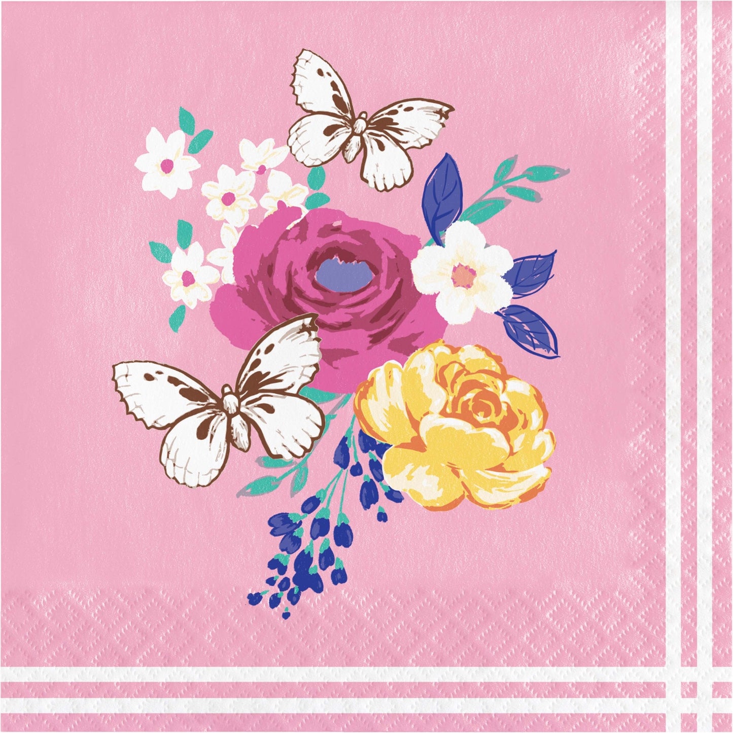 Napkin with floral design and butterflies on a pink background