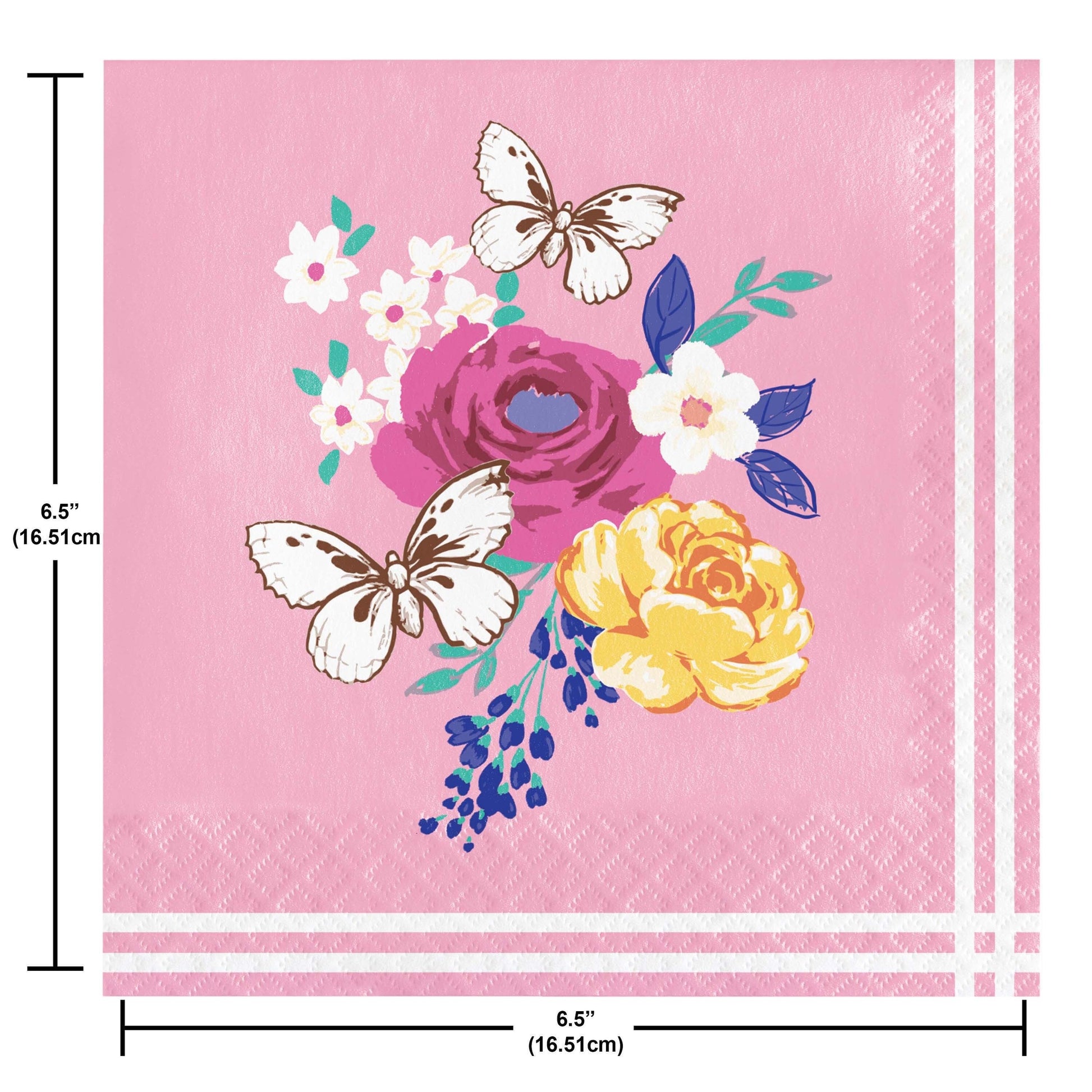 Napkin with floral design and butterflies on a pink background, with dimensions indicated.