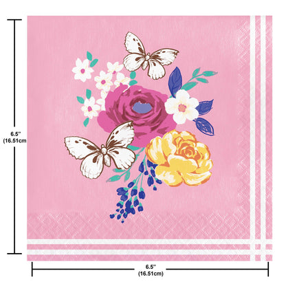 Napkin with floral design and butterflies on a pink background, with dimensions indicated.