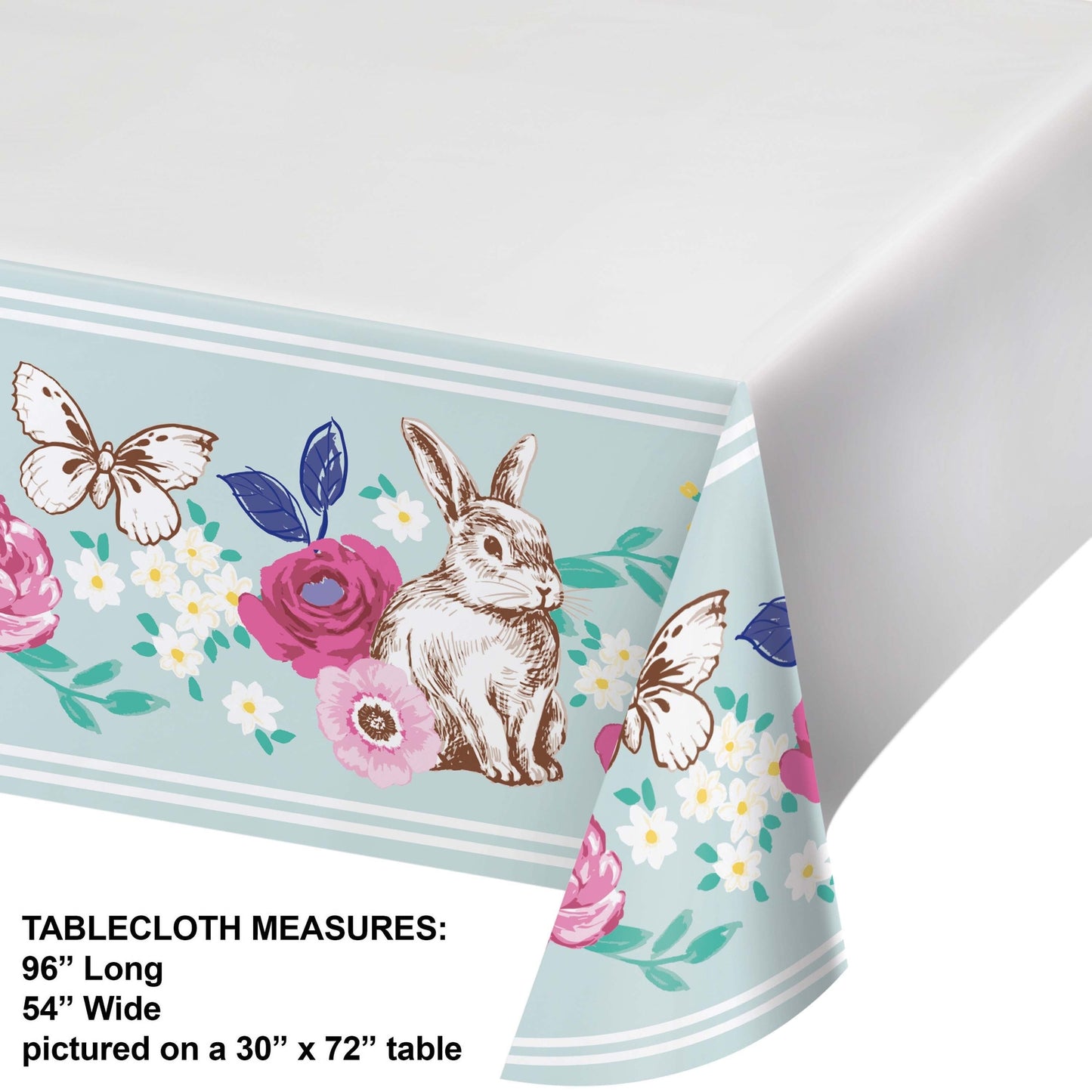 Tablecloth with rabbit and floral design on a white background. Measurements included.