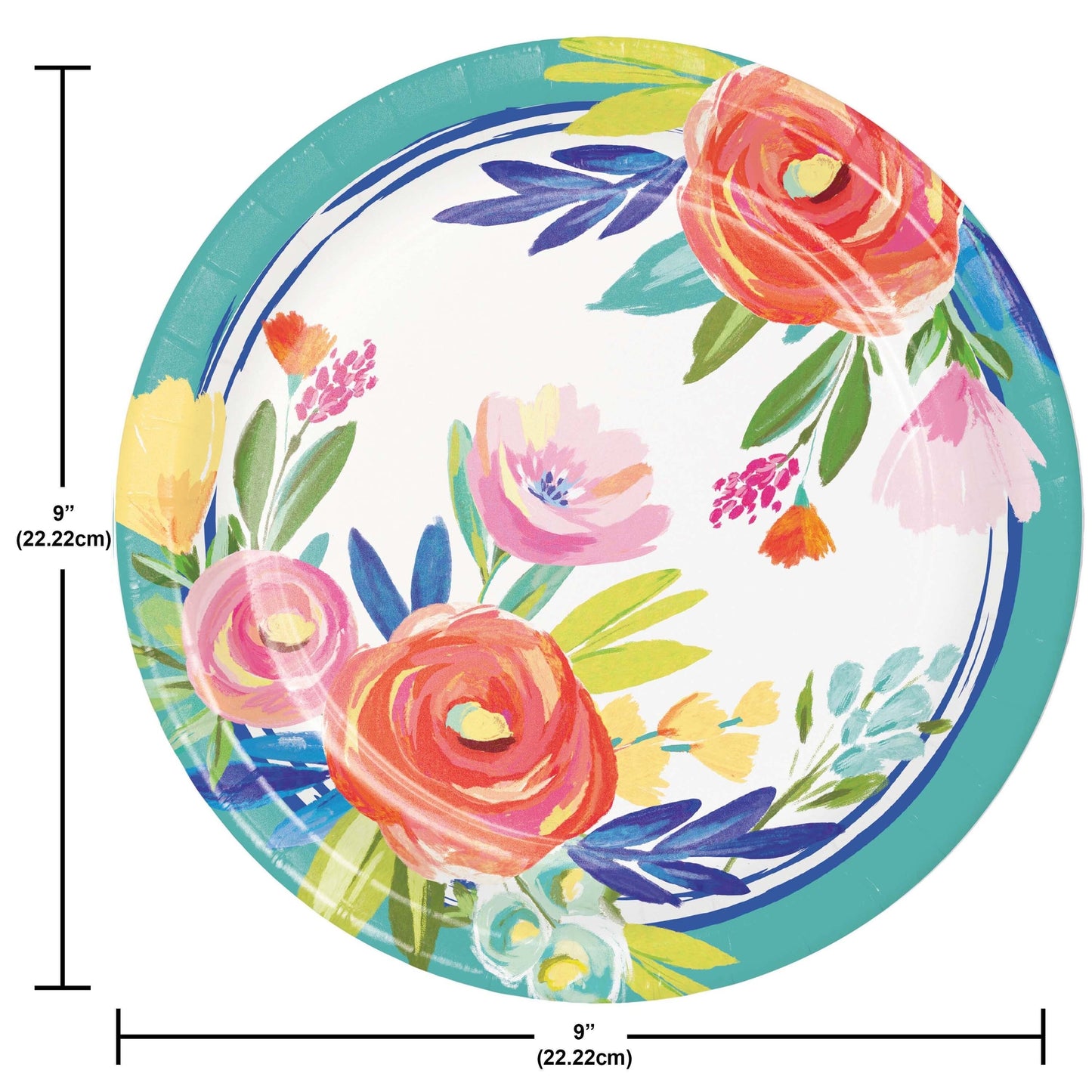 Floral-patterned plate with measurements on a white background