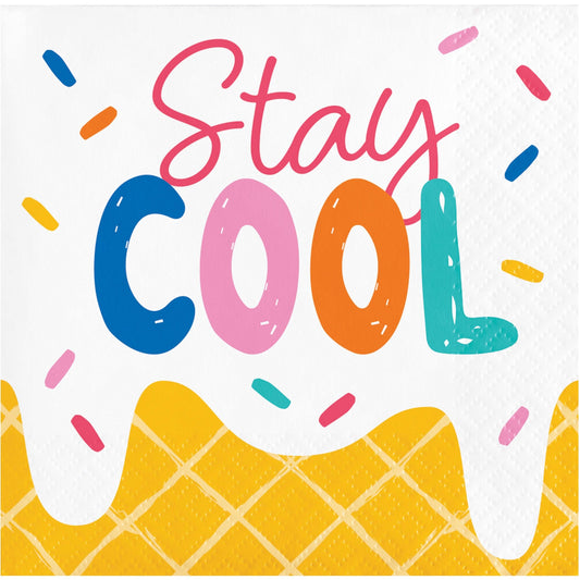 Colorful napkin with text 'Stay Cool' with ice cream cone graphic on a white background