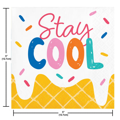 Colorful napkin with text 'Stay Cool' with an ice cream cone design and measurements on a white background