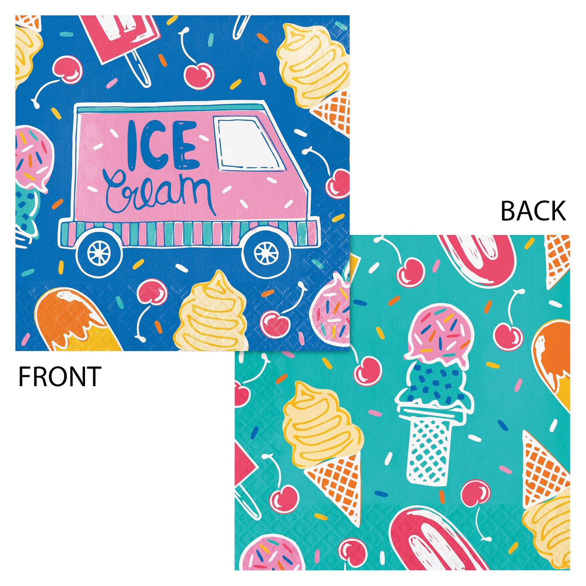 Two views of a napkin with ice cream truck and ice cream cone designs on a blue and teal background. Front and back of napkin shown.