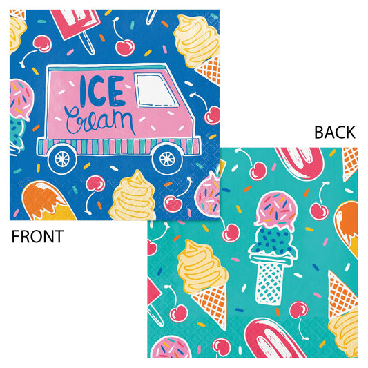 Two views of a napkin with ice cream truck and ice cream cone designs on a blue and teal background. Front and back of napkin shown.