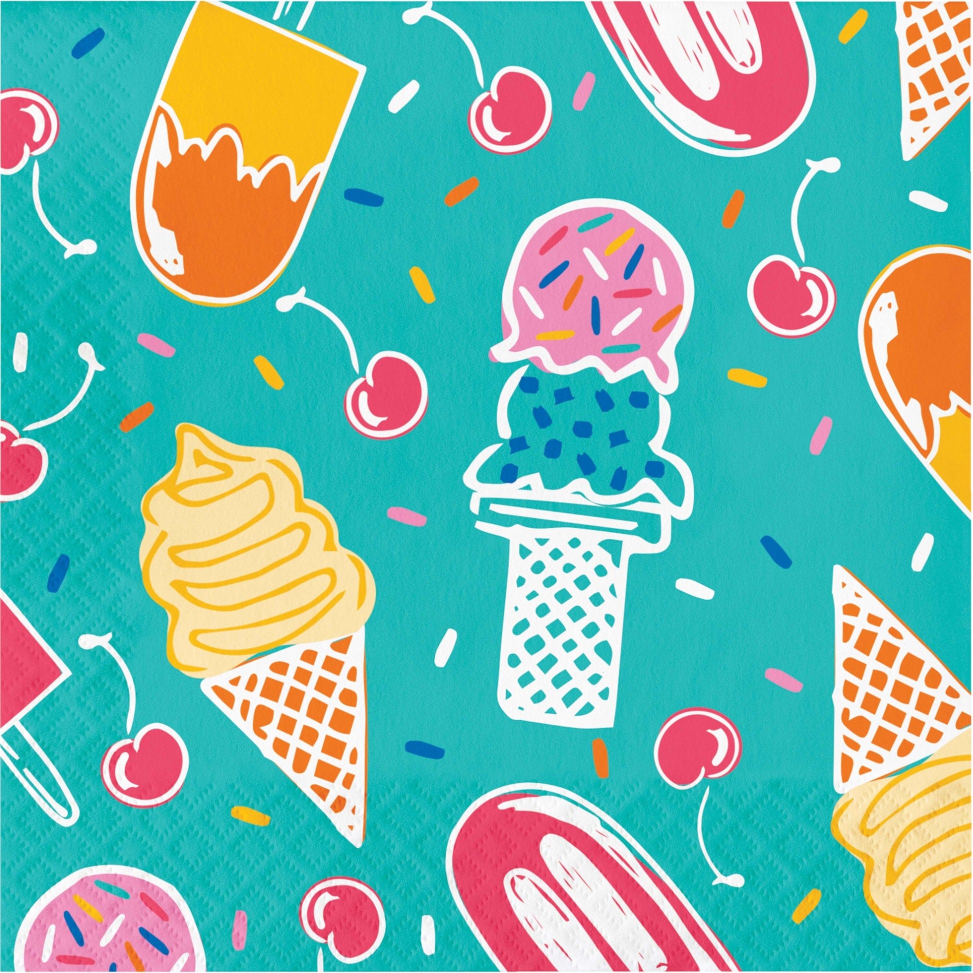Colorful pattern of ice cream cones, ice cream scoops, and cherries on a turquoise background.