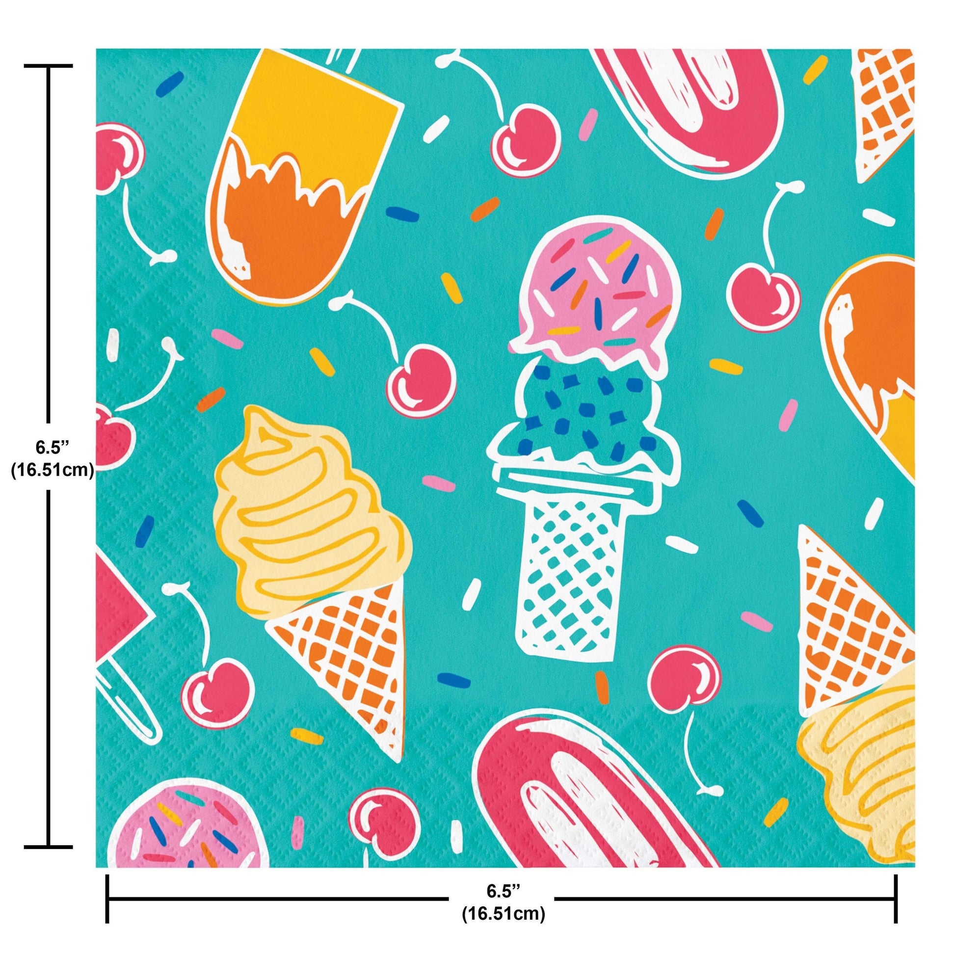 Colorful ice cream pattern with measurements on a teal background