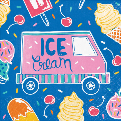 Colorful illustration of an ice cream truck with ice cream cones and cherries on a blue background.