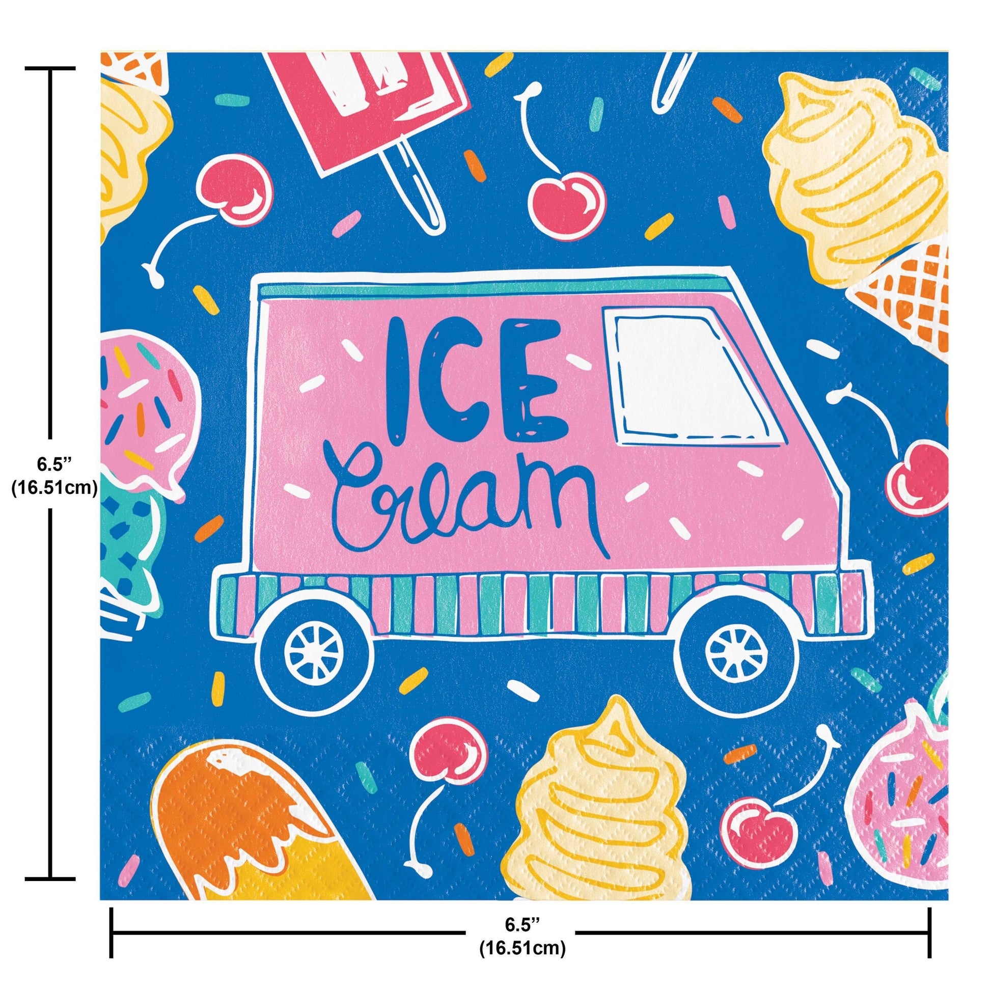 Illustration of an ice cream truck with ice cream cones and related graphics on a blue background. Measurements included.