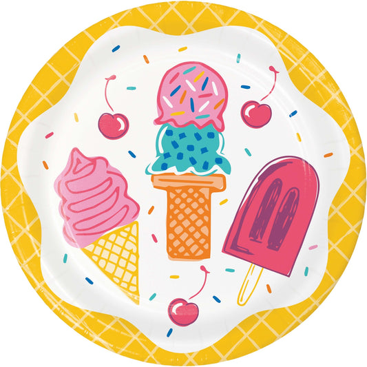 Colorful ice cream cone and popsicle design on a yellow and white checkered plate.
