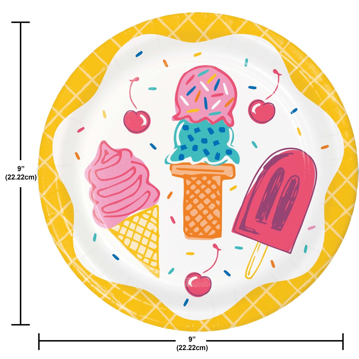 Round paper plate with ice cream cone, pink ice cream, and popsicle design on a white background with measurements shown.