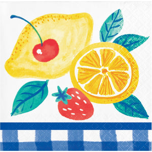 Illustration of a lemon, strawberry, and cherry on napkin with a blue checkered border 