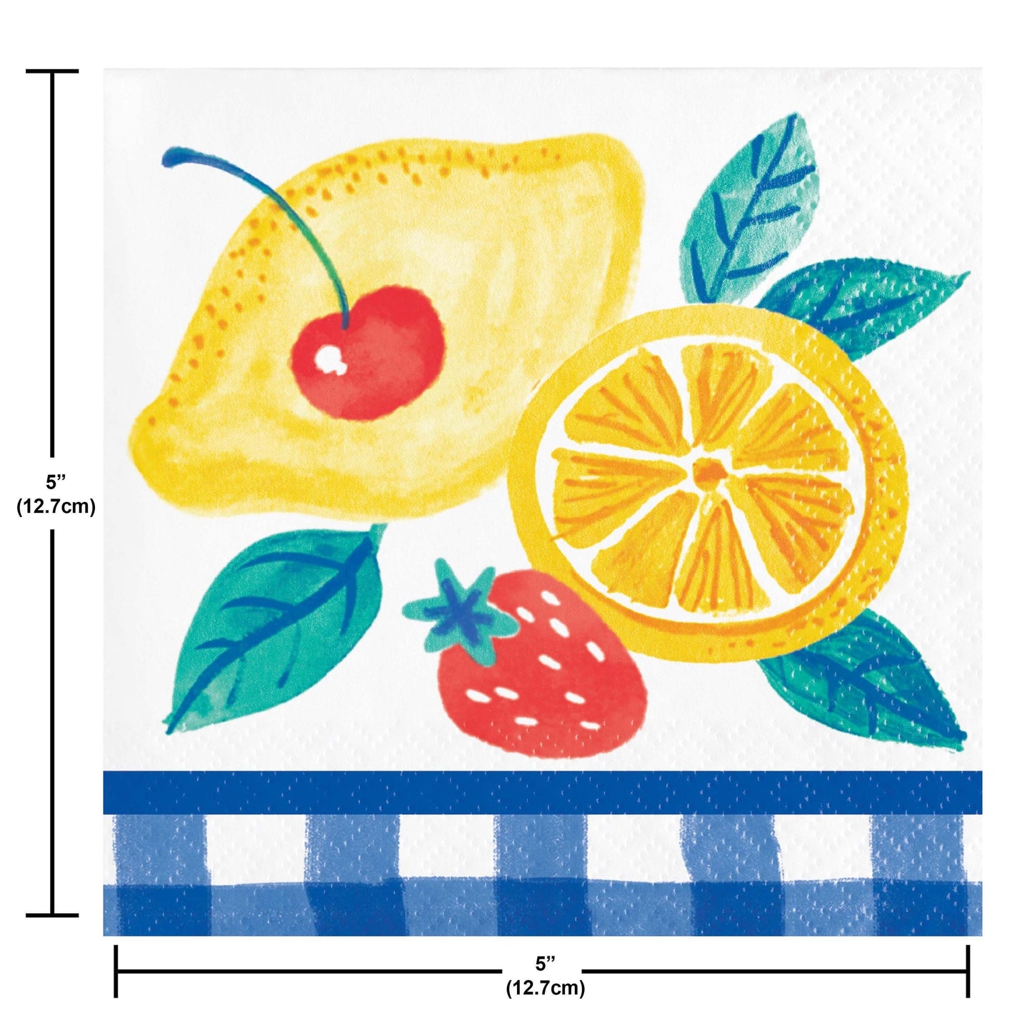 Fruit-themed napkin with lemon, strawberry, and cherry design on a white background. Measurements included.