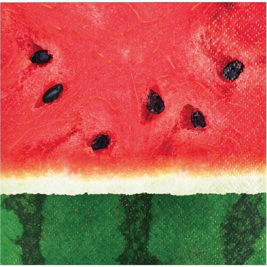 Napkin featuring a close-up of a slice of watermelon with red flesh, green rind, and black seeds.