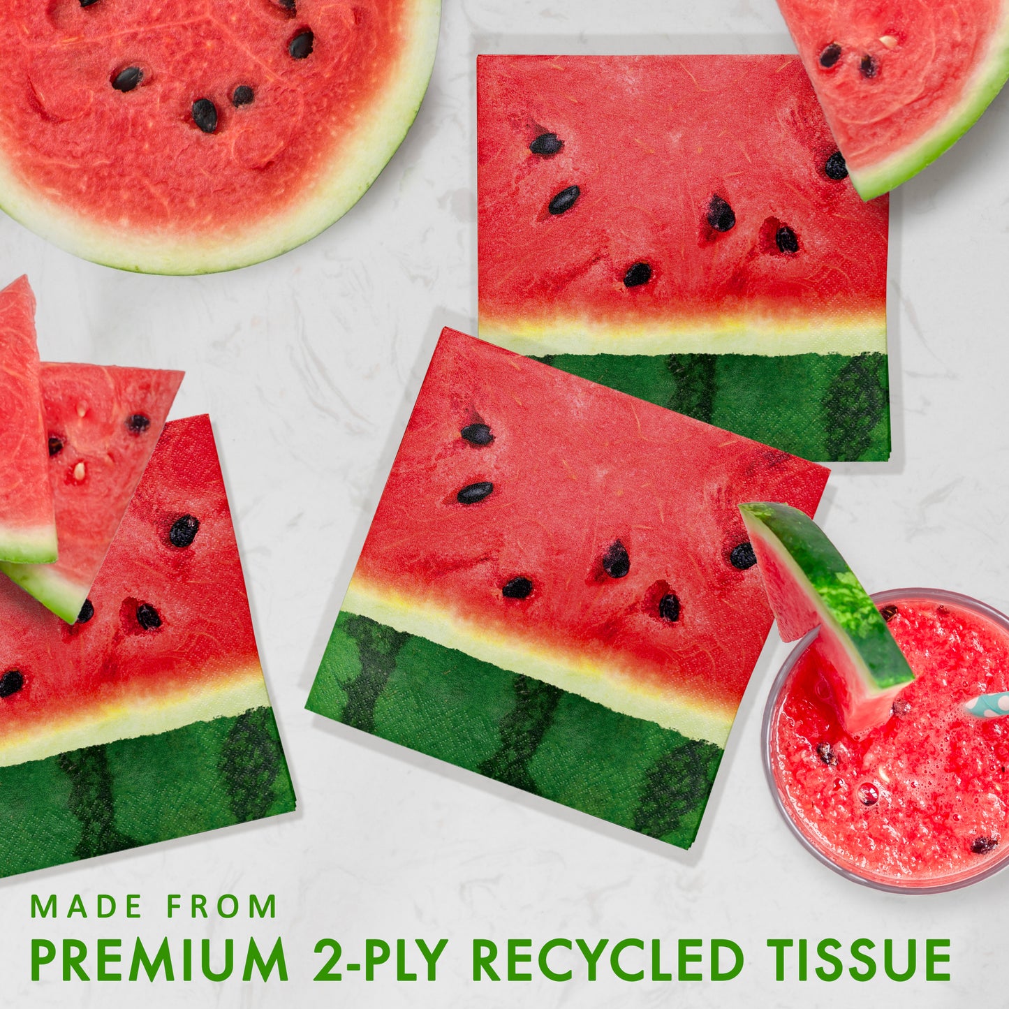 Watermelon-themed napkins with watermelon slices and seeds on a white background, labeled as made from premium 2-ply recycled tissue.