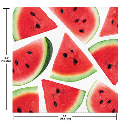 Napkins featuring a collage of watermelon slices on a white background. Measurements shown.