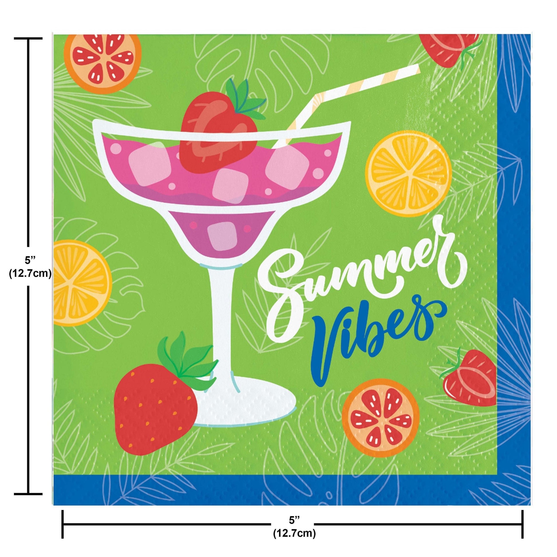 Napkin with 'Summer Vibes' text, cocktail design, and fruit illustrations on a green background. Measurements shown.