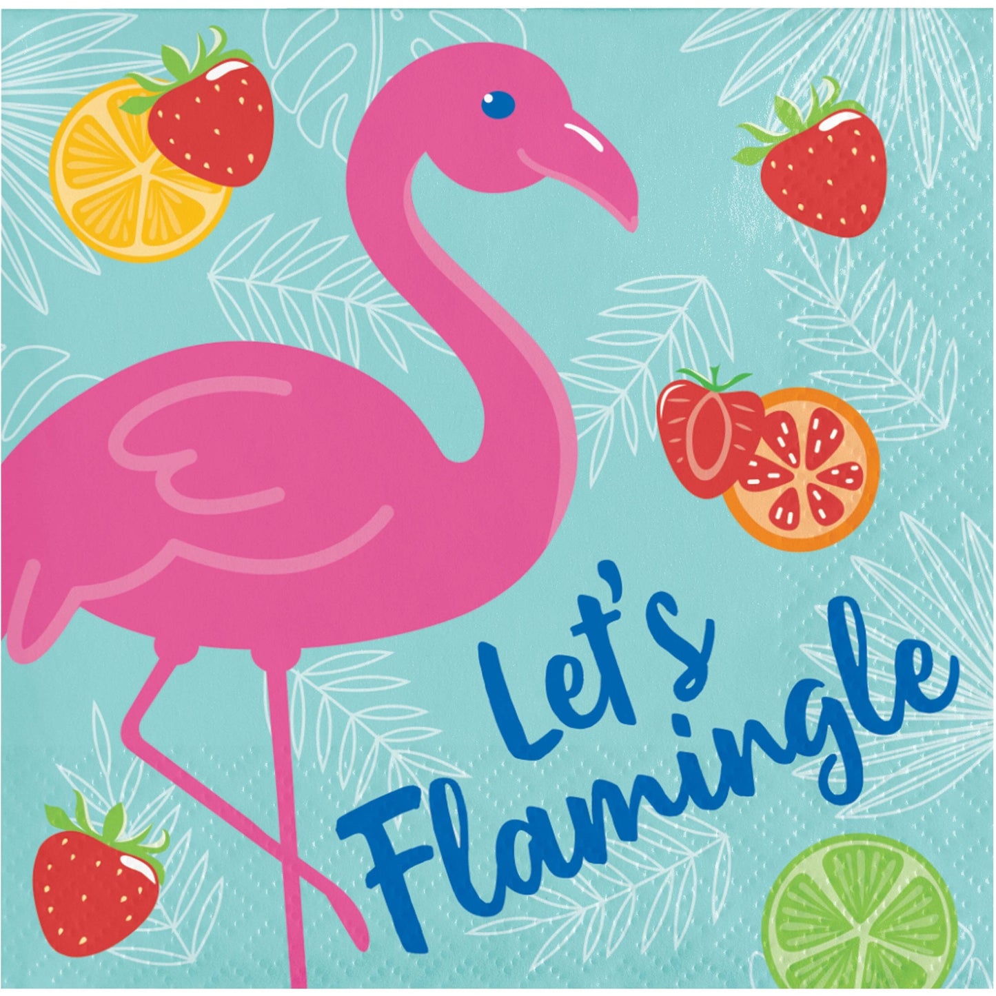 Napkin featuring a pink flamingo with fruits and 'Let's Flamingo' text on a blue background
