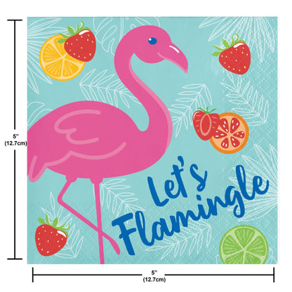 Napkin featuring a pink flamingo with fruits and 'Let's Flamingo' text on a blue background. Measurements shown.
