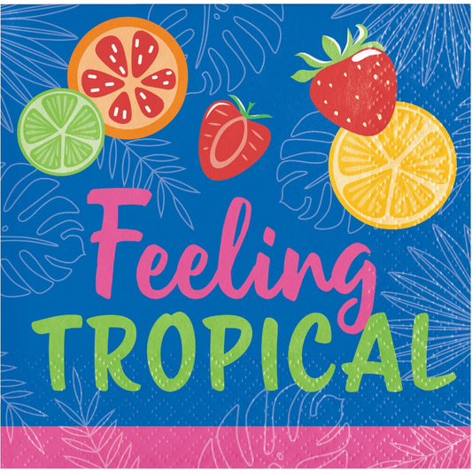 Bright colored napkins with tropical fruits and 'Feeling Tropical' text on a blue background