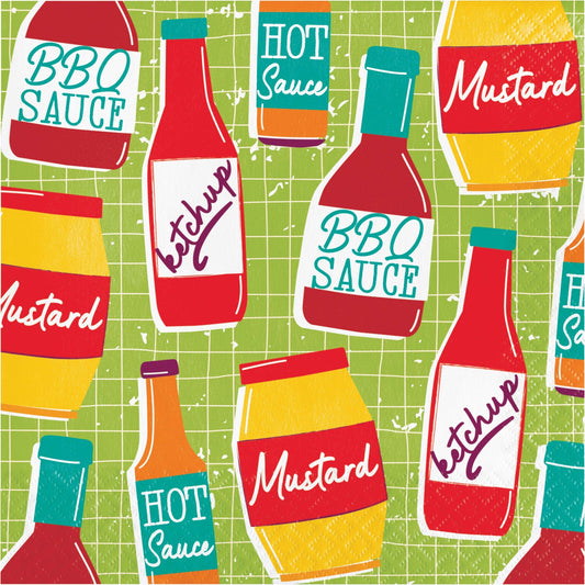 Napkin featuring ketchup, mustard, and hot sauce bottles on a green checkered background
