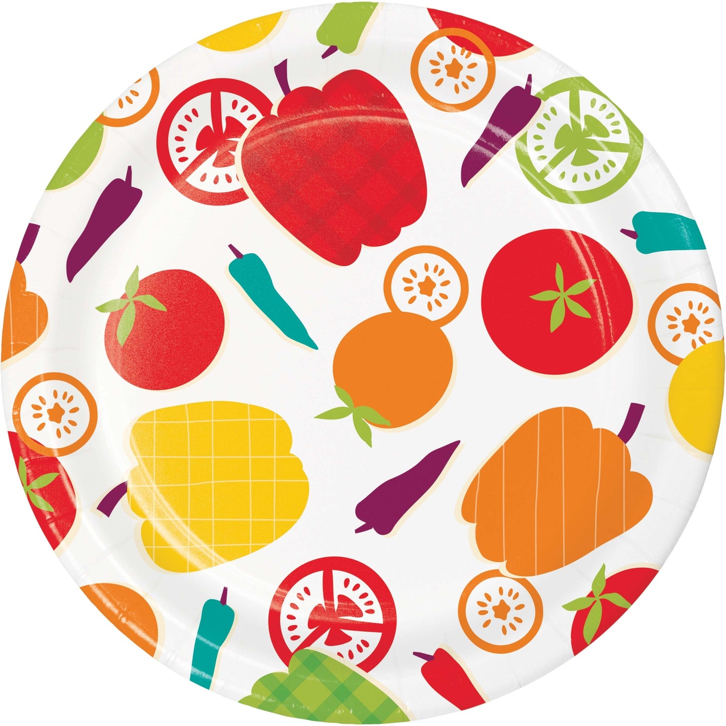 Colorful paper plate with vegetable pattern on a white background