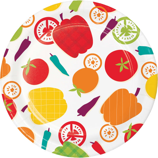 Colorful paper plate with vegetable pattern on a white background