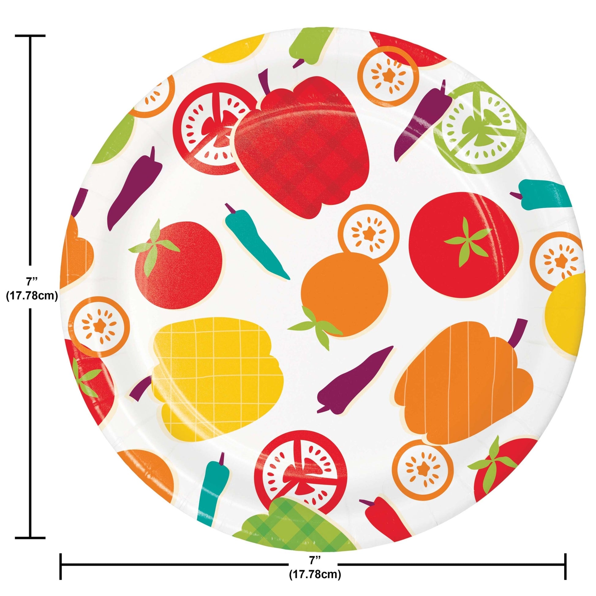 Round paper plate with colorful fruit and vegetable pattern, size 7 inches.
