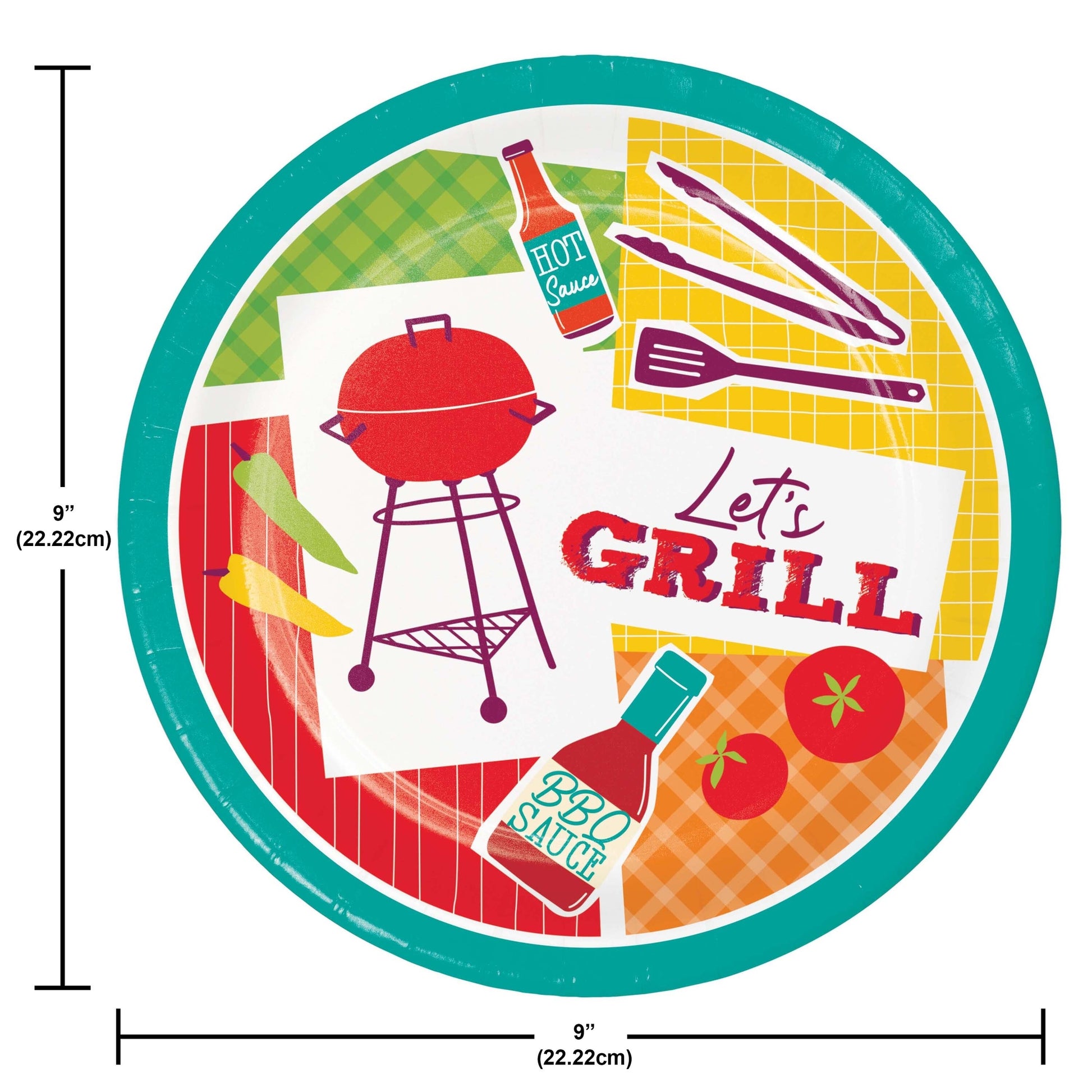 Colorful paper plate with grill-themed design, including a barbecue, hot sauce bottles, and utensils, with dimensions indicated.