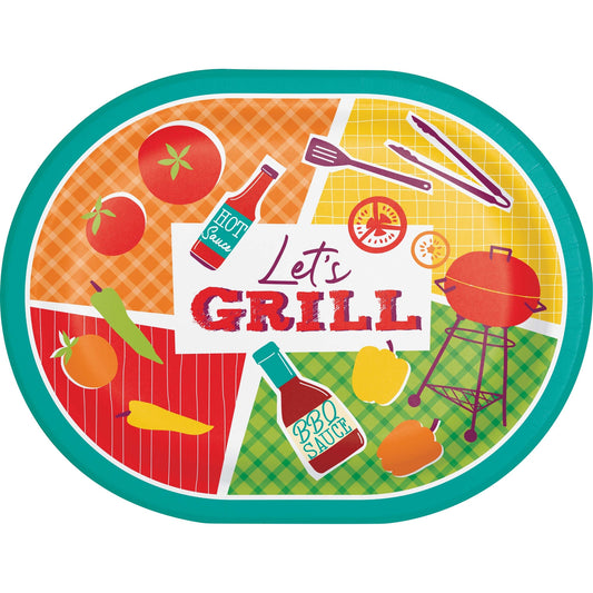 Colorful oval plate with grill-related items and 'Let's Grill' text on a checkered background.