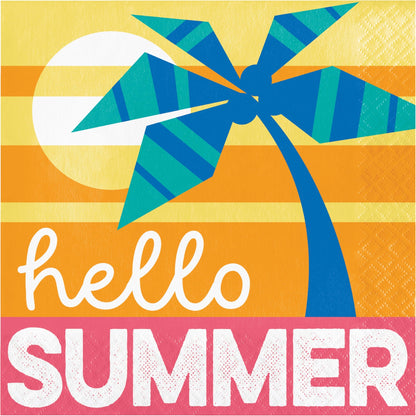 Colorful 'hello summer' napkin with palm tree design on a yellow and orange background